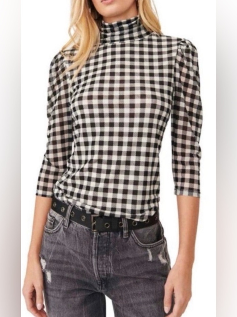Free People Gather Gingham Puff Sleeve Top Black White XS Sheer Lined